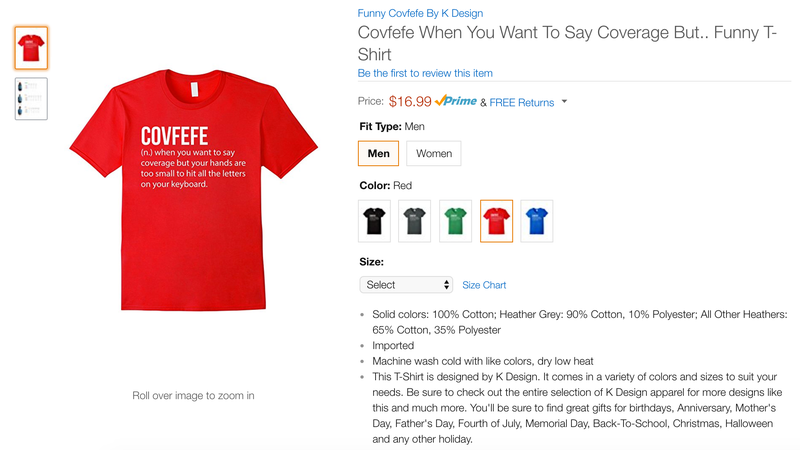 Illustration for article titled Be the Saddest Guy in the Office With Amazon's Embarrassing 'Covfefe' Swag